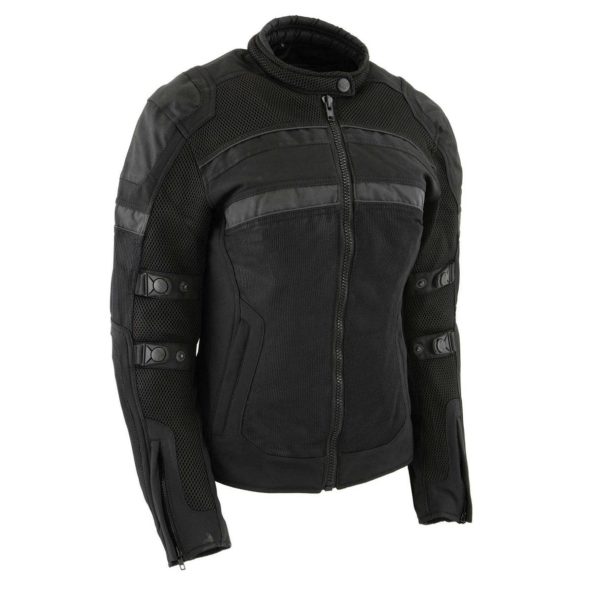 Milwaukee Leather women's black armored textile motorcycle jacket with removable liner, suitable for all seasons.