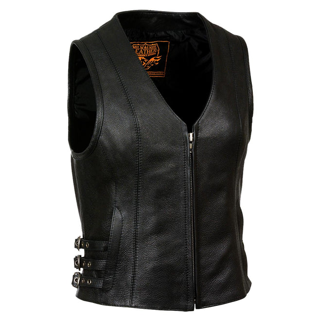 Women's black leather motorcycle rider vest with side buckles and front zip closure, by Milwaukee Leather.