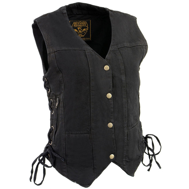 Milwaukee Leather women's black denim vest with six pockets and side lace design, casual stylish women's vest for everyday wear.