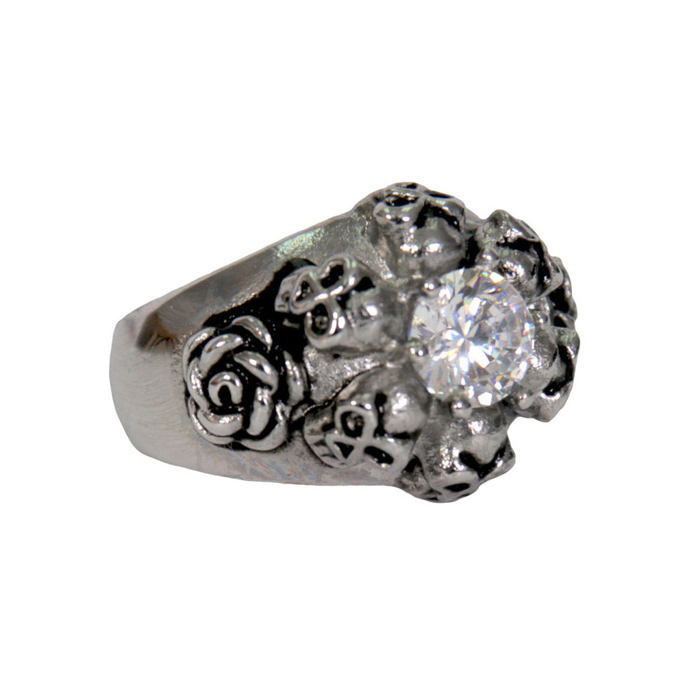 Women's silver stainless steel ring with six skulls and roses design by Hot Leathers, fashion accessory for edgy style.