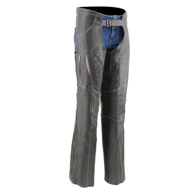 Milwaukee Leather women's black and grey leather chaps with laser cut accents, designed for motorcycle riding.