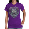 Women wearing Hot Leathers 2023 Daytona Beach antique sugar skull purple T-shirt, casual event-dated shirt with skull graphic.