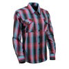 Milwaukee Leather women's long sleeve cotton flannel shirt in black, pink, and blue with a stylish casual fit.