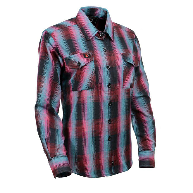 Milwaukee Leather women's long sleeve cotton flannel shirt in black, pink, and blue with a stylish casual fit.