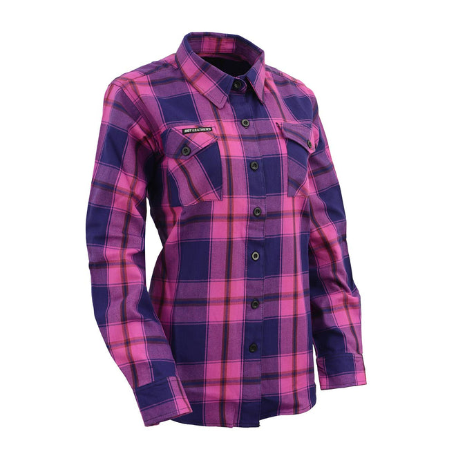 Milwaukee Leather women's long sleeve cotton flannel shirt in pink, blue, and maroon with a casual, comfortable fit.
