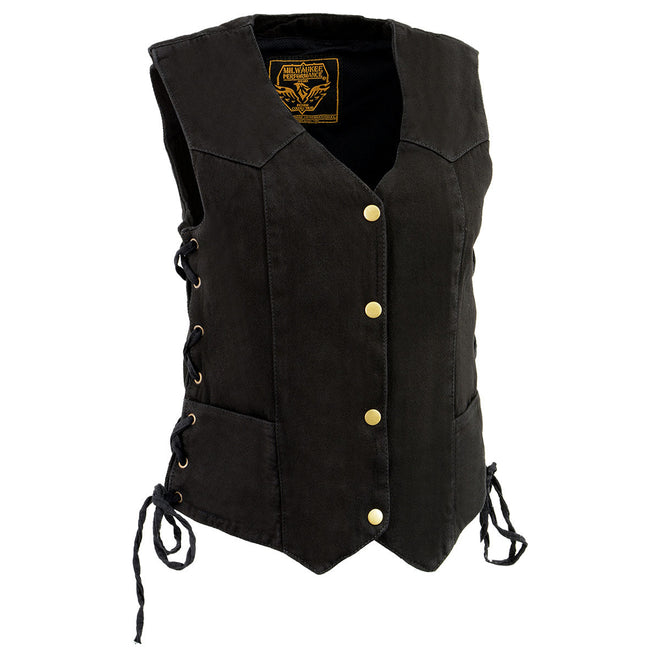 Milwaukee Leather women's black denim motorcycle vest with side laces and four snap front closures, designed for riding comfort.