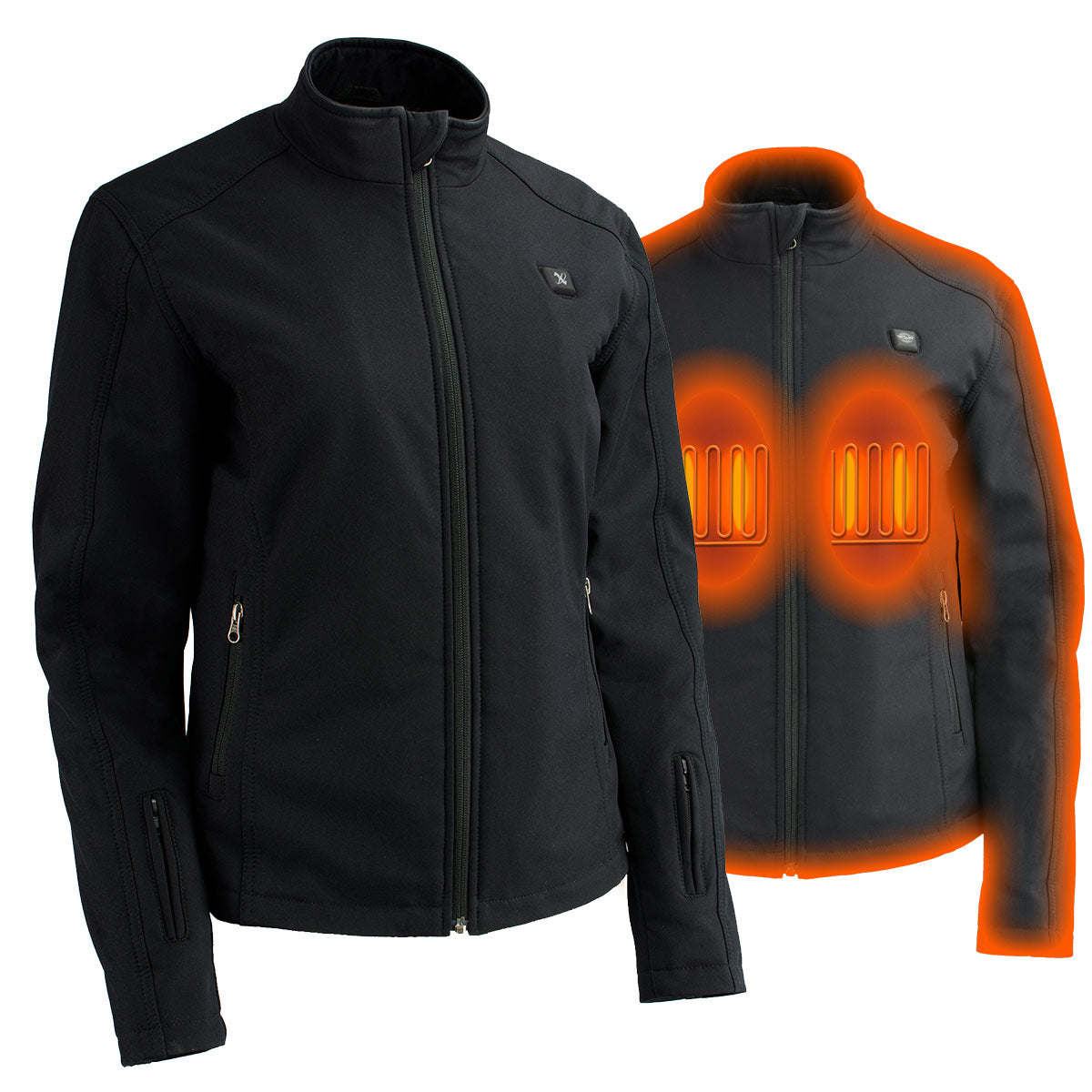 Milwaukee Leather women's black soft shell jacket with heating panels and rechargeable battery pack, stylish winter outerwear.