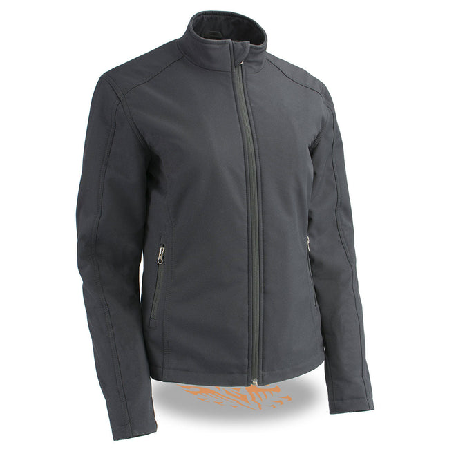Milwaukee Leather women's black waterproof lightweight soft shell jacket with a sleek fit and soft fabric, ideal for outdoor wear.
