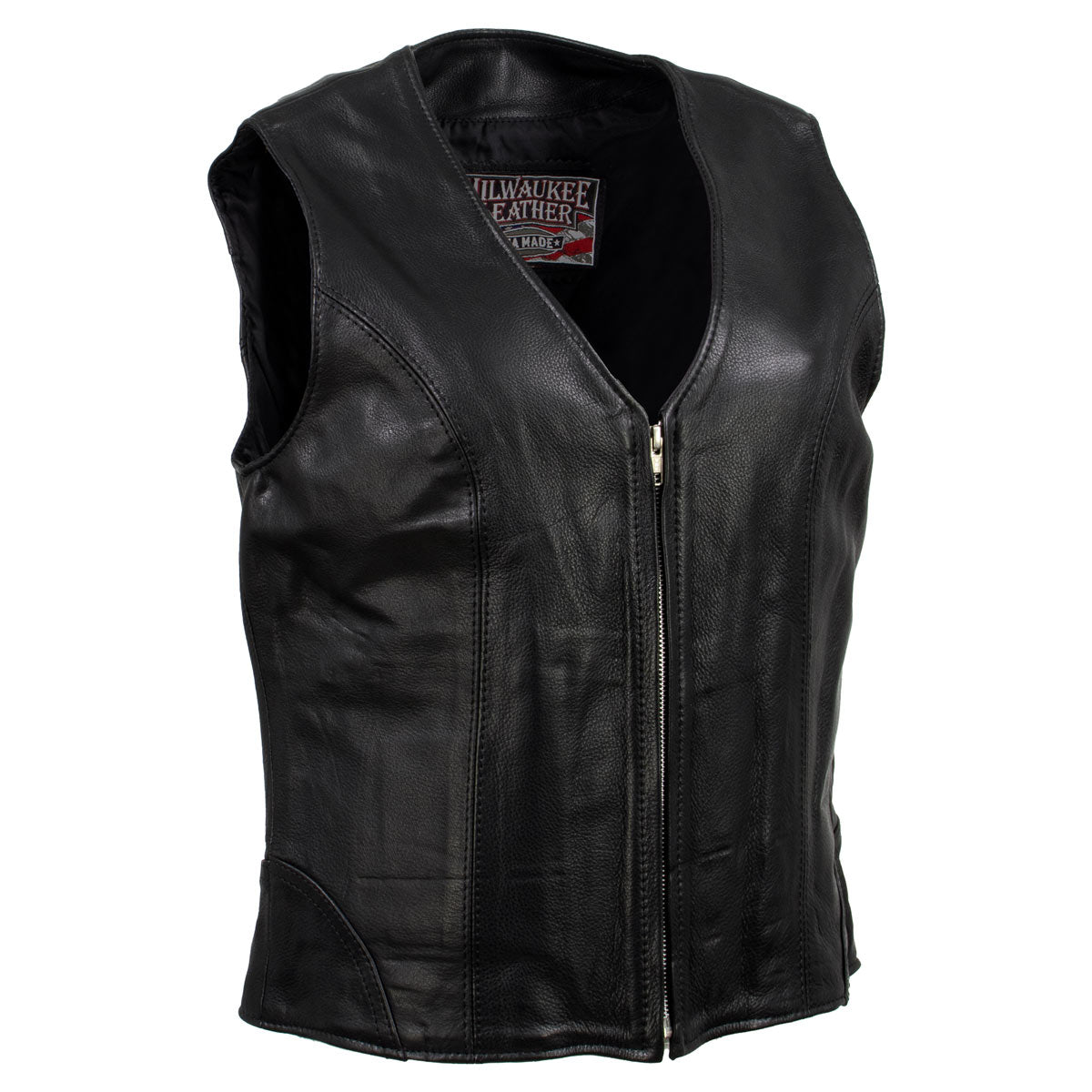 Milwaukee Leather women's black 'Speed Queen' motorcycle leather vest with front zipper, designed for women riding motorcycles.