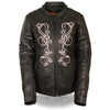 Milwaukee Leather women's black and pink reflective star riveted leather jacket, stylish and durable women's jacket with star details.