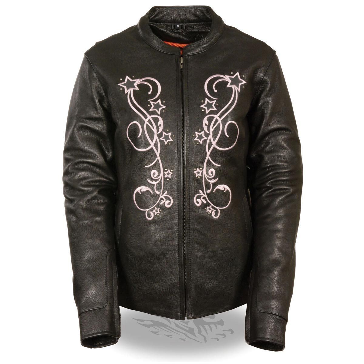 Milwaukee Leather women's black and pink reflective star riveted leather jacket, stylish and durable women's jacket with star details.