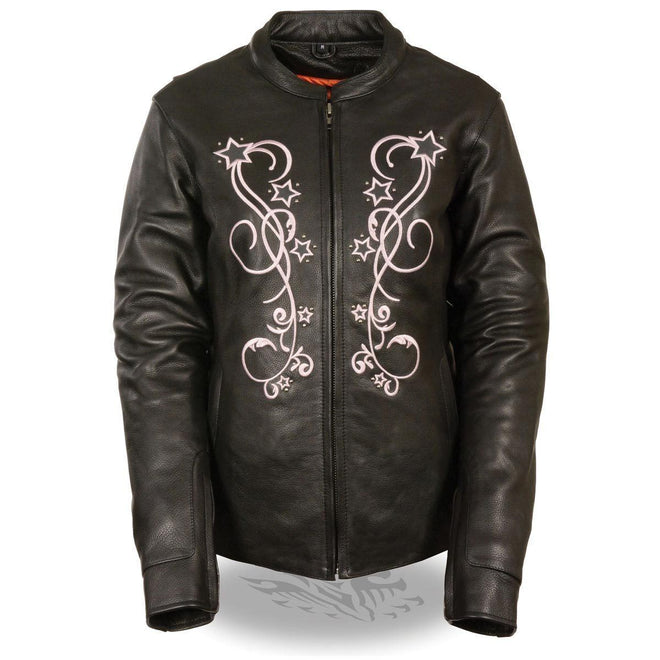 Milwaukee Leather women's black and pink reflective star riveted leather jacket, stylish and durable women's jacket with star details.