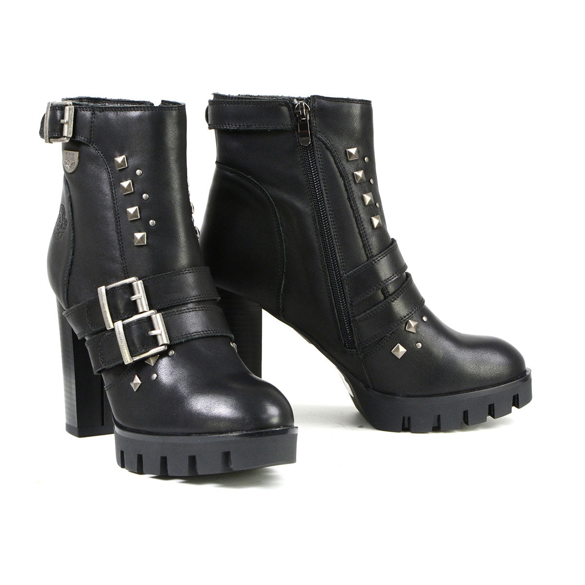 Milwaukee Leather women's black leather platform boots with straps, stylish ankle boots with buckle details and chunky heel.