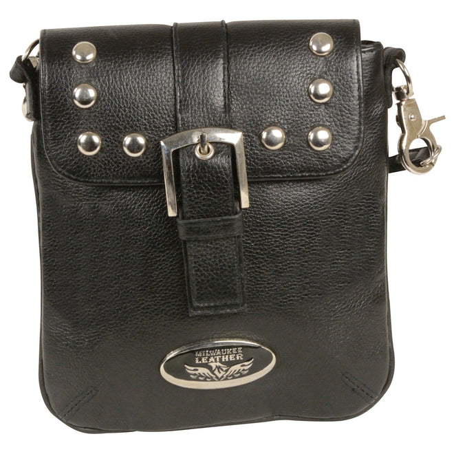 Black Milwaukee Leather women's small studded shoulder bag with silver hardware and adjustable strap, stylish for casual or evening wear.