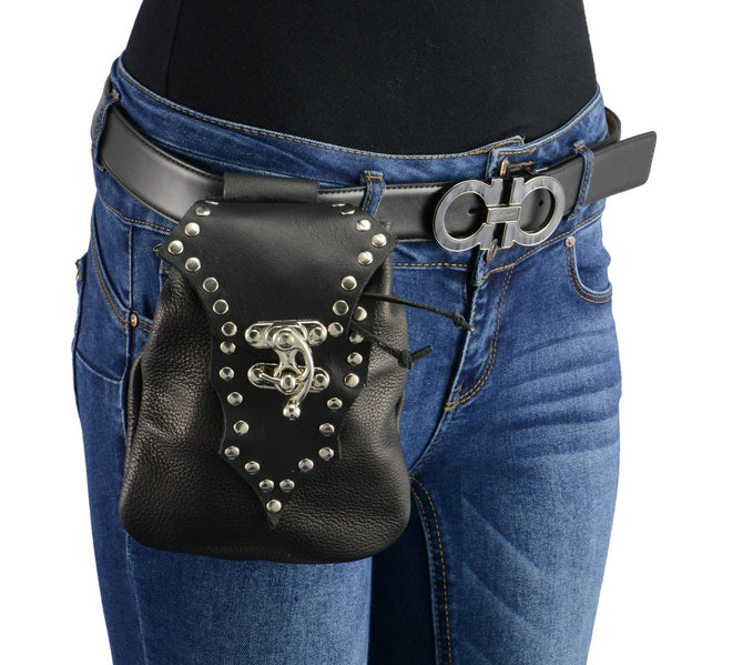 Milwaukee Leather women's black studded leather drop set belt bag with clip and thigh strap, stylish accessory for casual wear.
