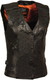 Milwaukee Leather women's black wing studded leather vest with silver hardware, displayed on a hanger.