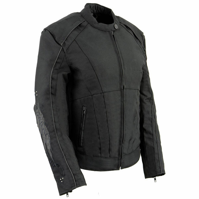 Milwaukee Leather Women's Studded Wings Black Textile Moto Jacket with studded details and classic motorcycle style.