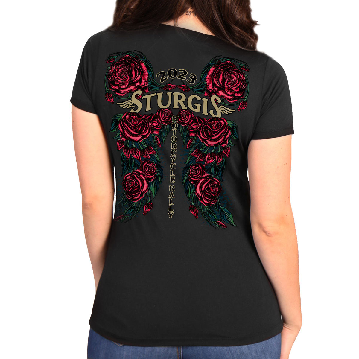 Women's black Hot Leathers Sturgis Rose Wings short sleeve T-shirt with graphic design, celebrating the 2023 motorcycle event.