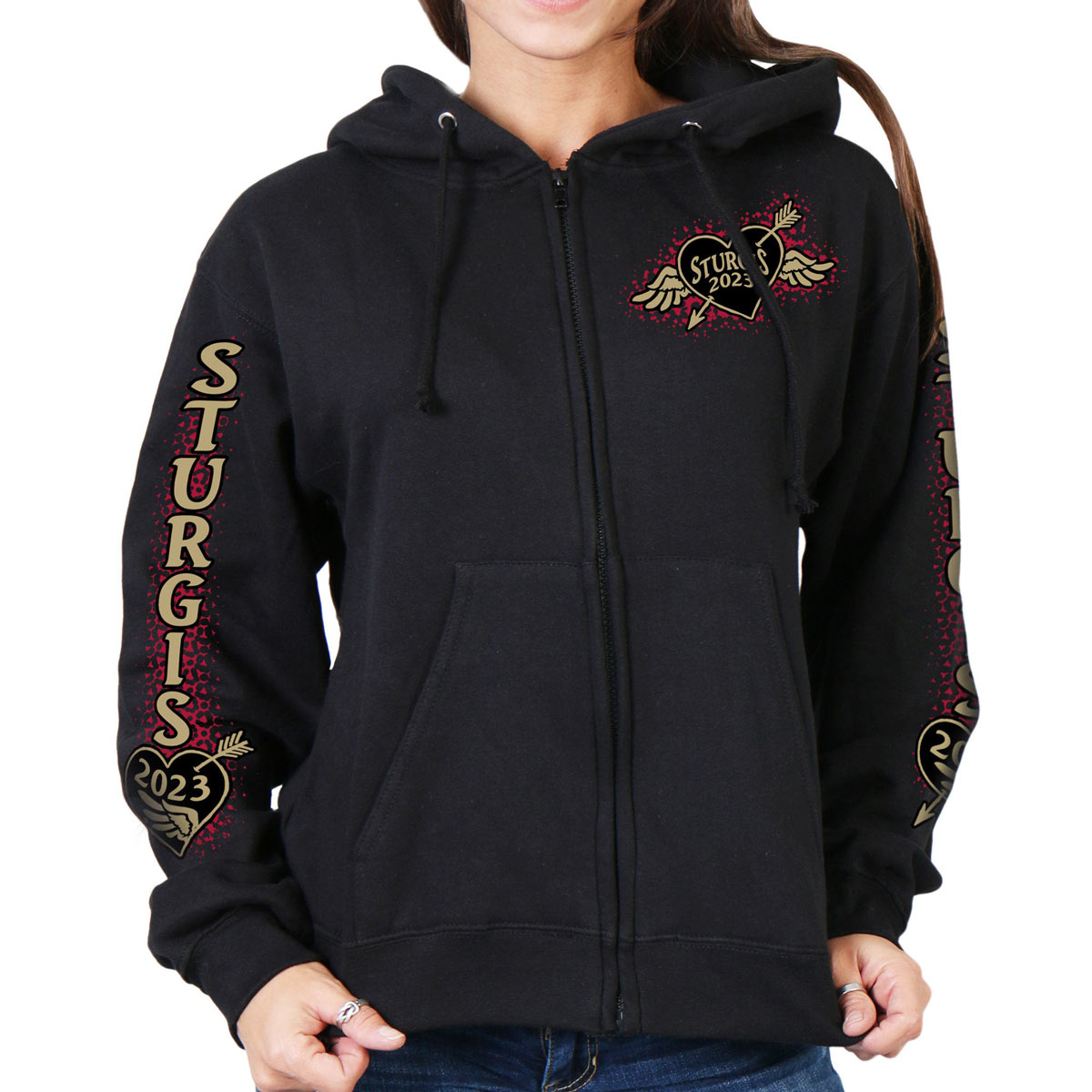 Women's black Sturgis Rose Wings hoodie by Hot Leathers, featuring floral and wing graphic design on soft textile fabric.