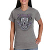 Women's Heather Gray Sugar Skull T-shirt by Hot Leathers featuring 2023 Sturgis event design and antique-style skull artwork.