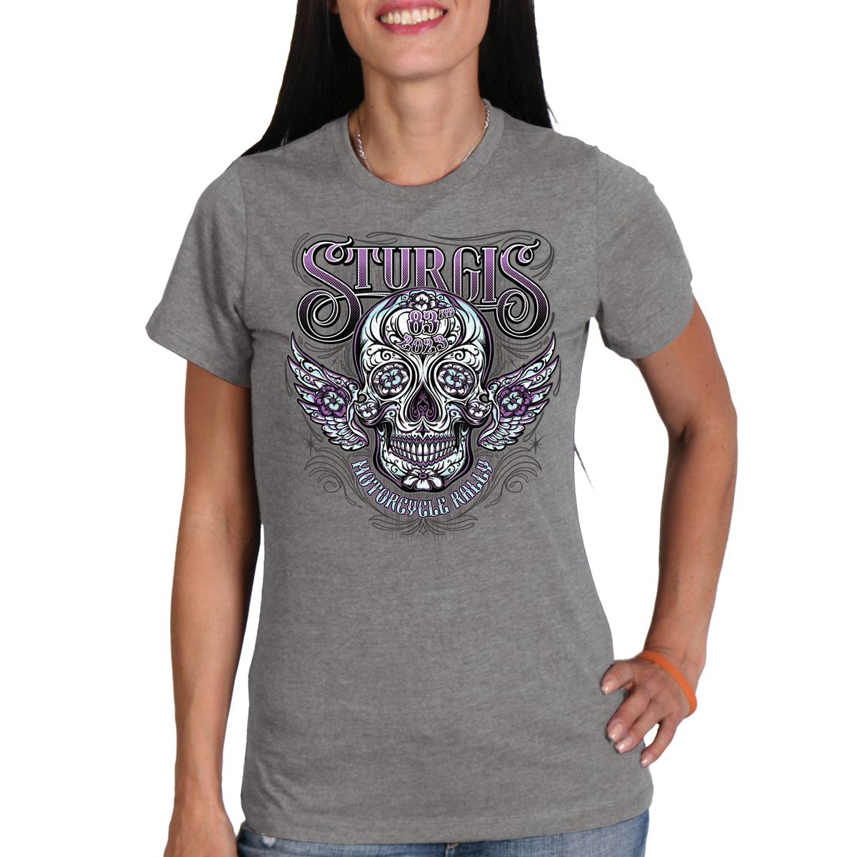 Women's Heather Gray Sugar Skull T-shirt by Hot Leathers featuring 2023 Sturgis event design and antique-style skull artwork.