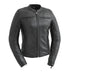 Women's black leather motorcycle jacket from FIRST MFG's Supastar collection, featuring a classic design and metal zipper details.