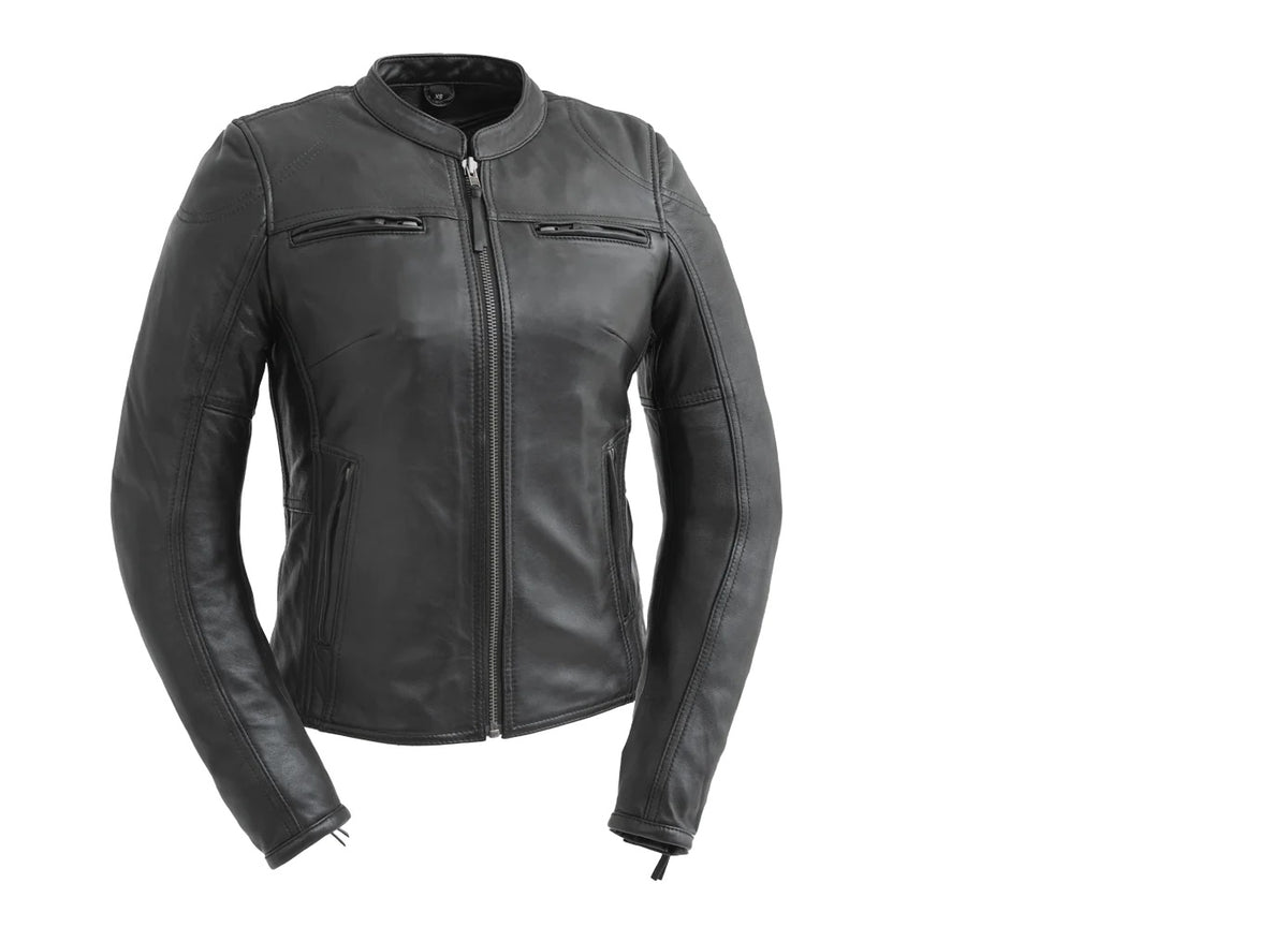 Women's black leather motorcycle jacket from FIRST MFG's Supastar collection, featuring a classic design and metal zipper details.