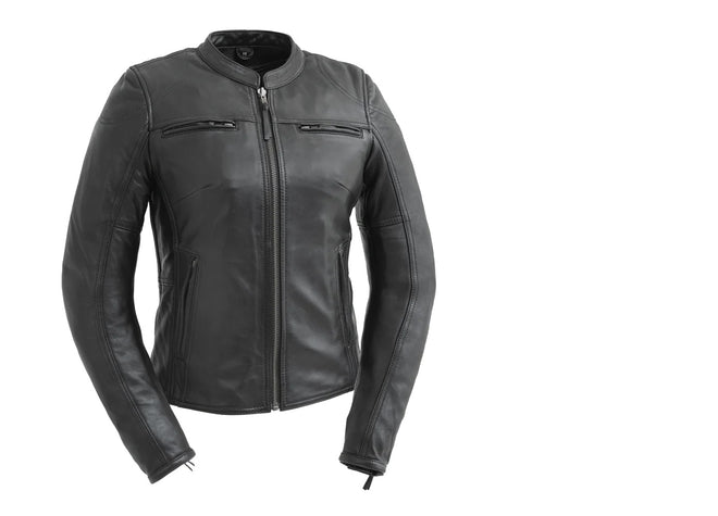 Women's black leather motorcycle jacket from FIRST MFG's Supastar collection, featuring a classic design and metal zipper details.