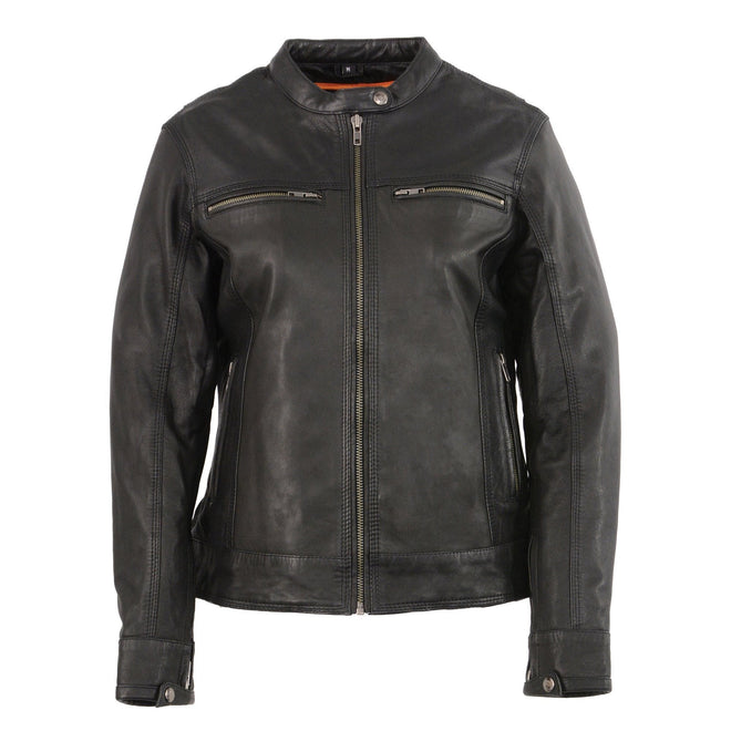 Milwaukee Leather women's distressed brown Cool-Tec leather scooter jacket with triple stitch detailing.