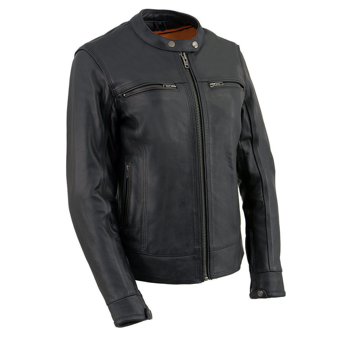 Milwaukee Leather women's black Cool-Tec leather scooter jacket with triple stitch details, stylish and fitted for women.
