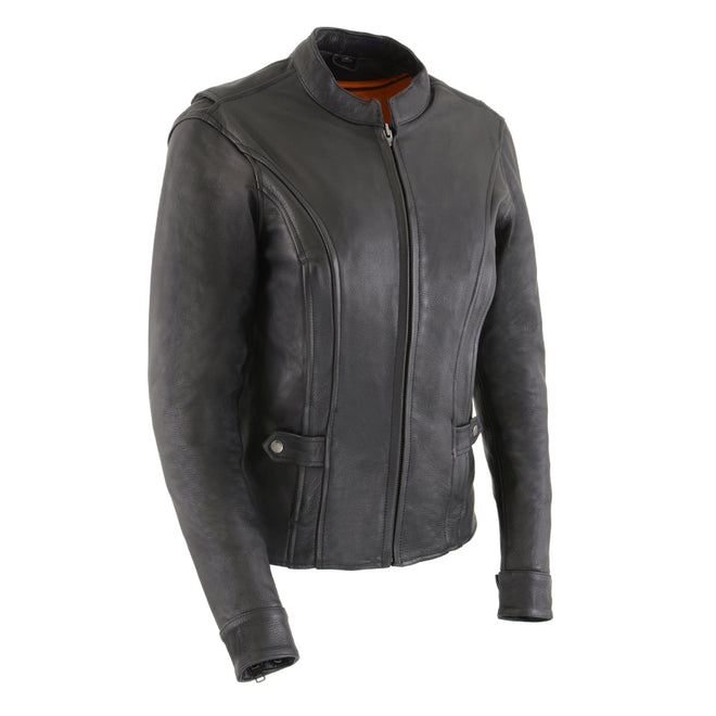 Milwaukee Leather women's vented black leather scooter jacket, stylish and breathable with a fitted design and front zipper.