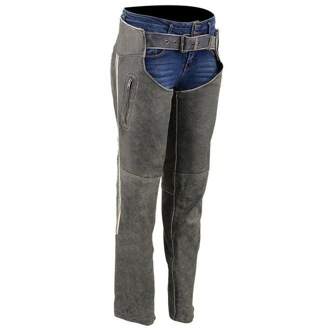 Milwaukee Leather women's vintage grey slate leather chaps with racing stripes, featuring a classic design and durable construction.