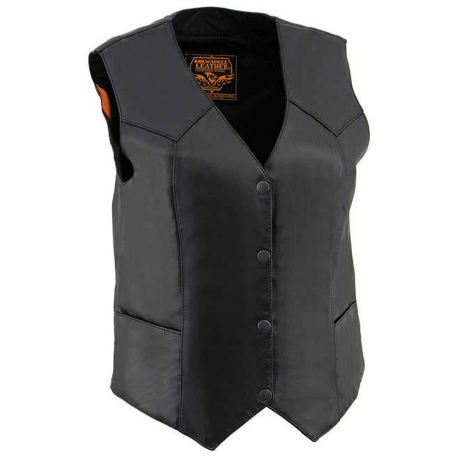 Milwaukee Leather women's black Western motorcycle vest with front 4-snap button closure, classic Western design and leather construction.