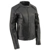 Milwaukee Leather women's black leather scooter jacket with embroidered wing and stud design, featuring stylish detailing and a fitted cut.