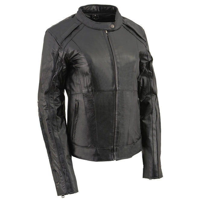 Milwaukee Leather women's black leather scooter jacket with embroidered wing and stud design, featuring stylish detailing and a fitted cut.