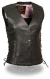 Milwaukee Leather women's black and pink wing studded leather vest with decorative studs and a stylish design.