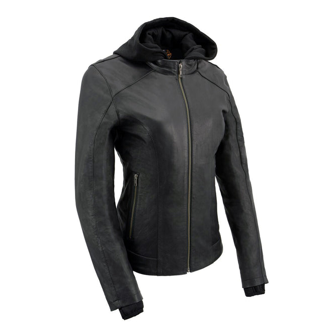 Milwaukee Leather women's purple winged scuba leather jacket with hoodie, stylish and fitted for a modern look.