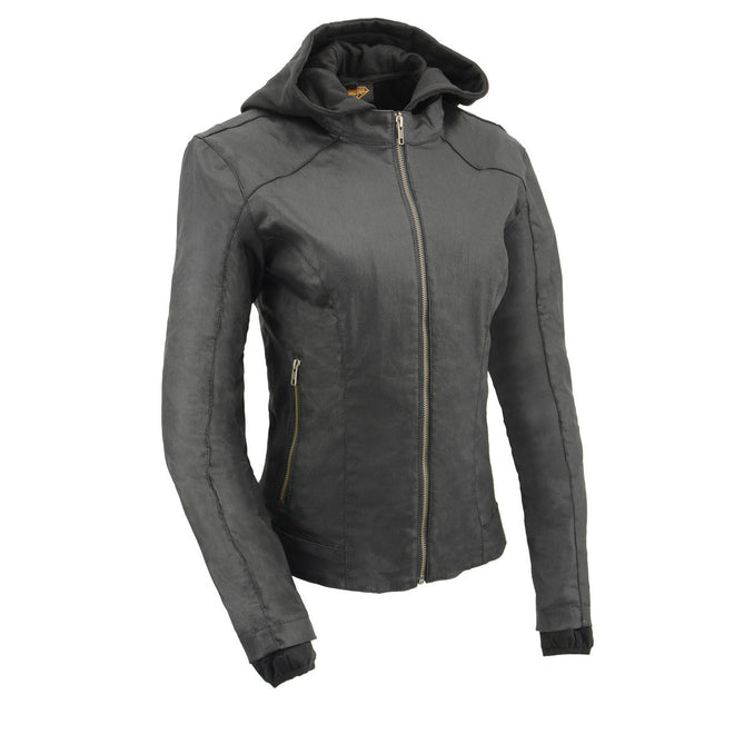 Milwaukee Leather women's black zipper front jacket with full sleeves and removable hoodie, stylish outerwear for women.