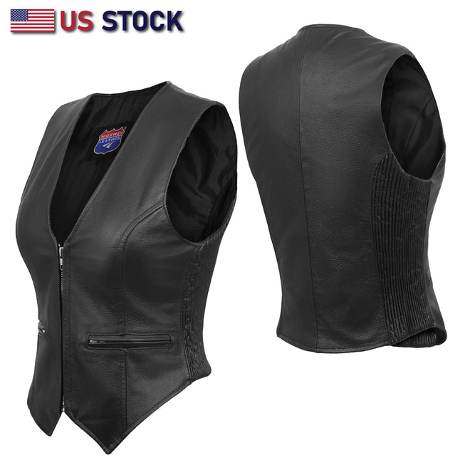 Buffalo Leather Gear women's rib stretch zipper front leather vest with fitted design, showcasing a stylish front zipper and sleek leather material.