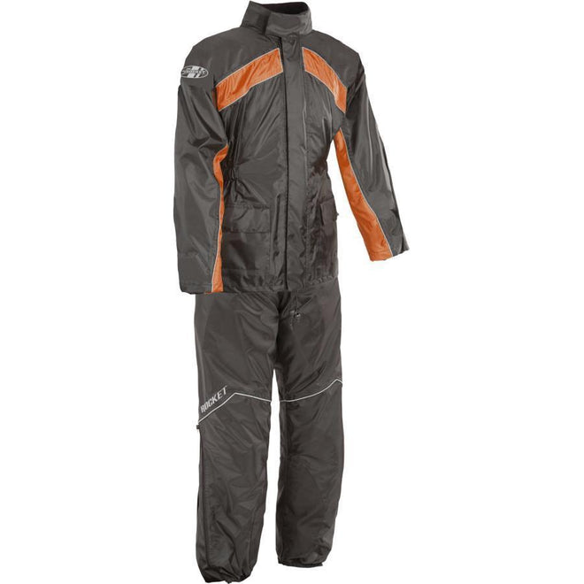 Joe Rocket RS-2 women's black and purple rain suit, waterproof and lightweight with adjustable hood and reflective accents.