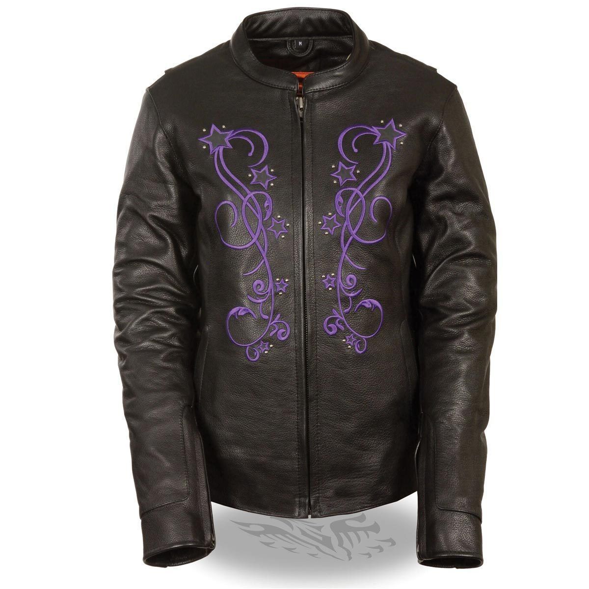 Milwaukee ML2500 Women's Reflective Star Riveted Black and Purple Leather Jacket
