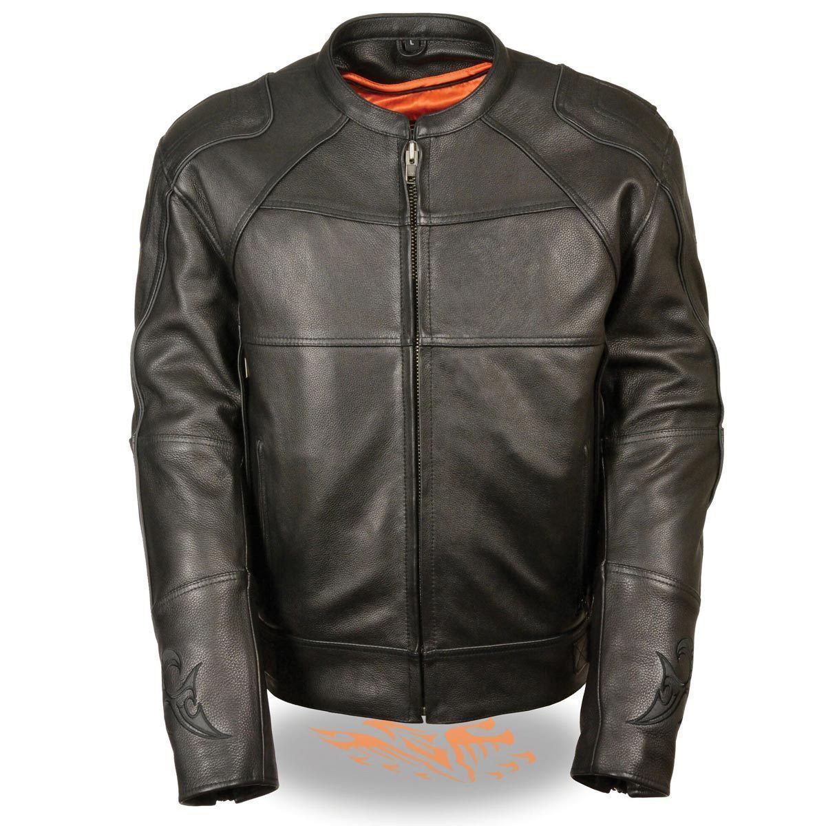 Milwaukee Leather men's black leather scooter jacket with reflective skull design, featuring a classic fit and stylish details.