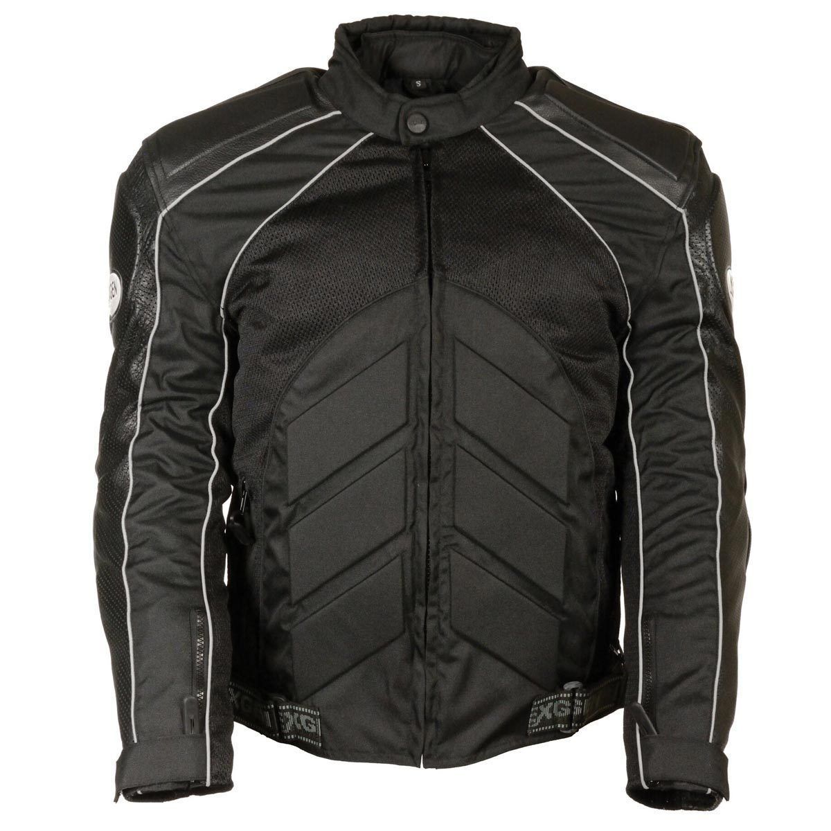 Milwaukee Leather men's black armored motorcycle jacket with textile and leather panels, featuring protective gear and stylish design.