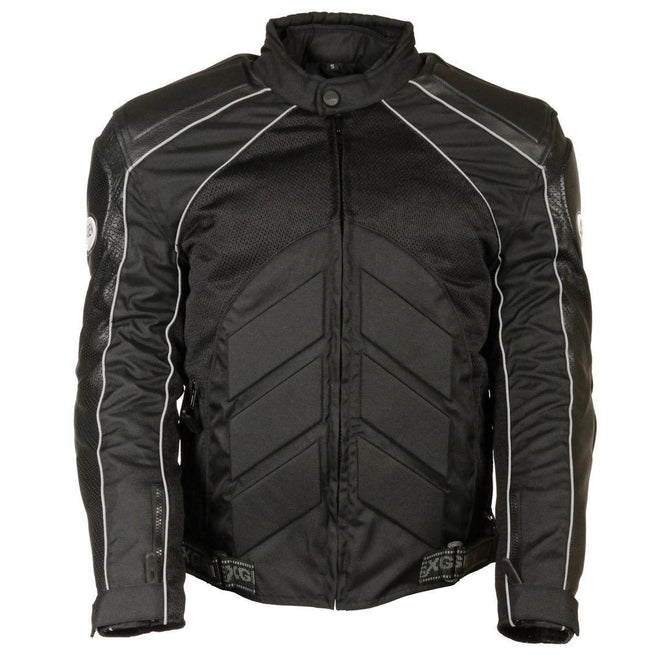 Milwaukee Leather men's black armored motorcycle jacket with textile and leather panels, featuring protective gear and stylish design.
