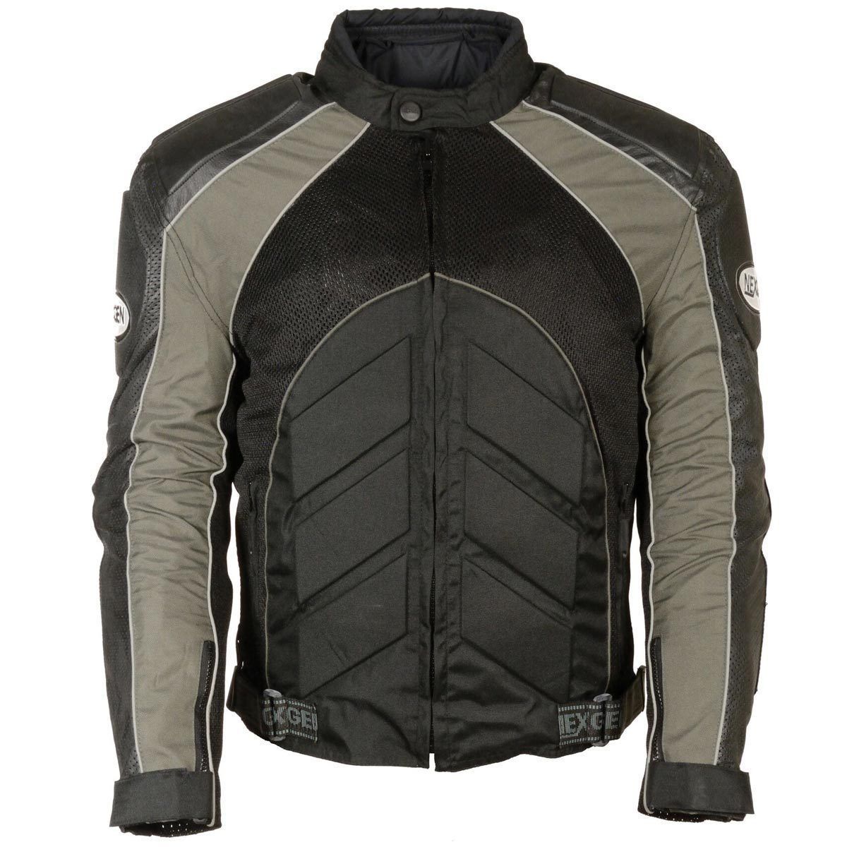 Milwaukee Leather men's black and grey armored motorcycle jacket with textile and leather panels, featuring protective armor details.