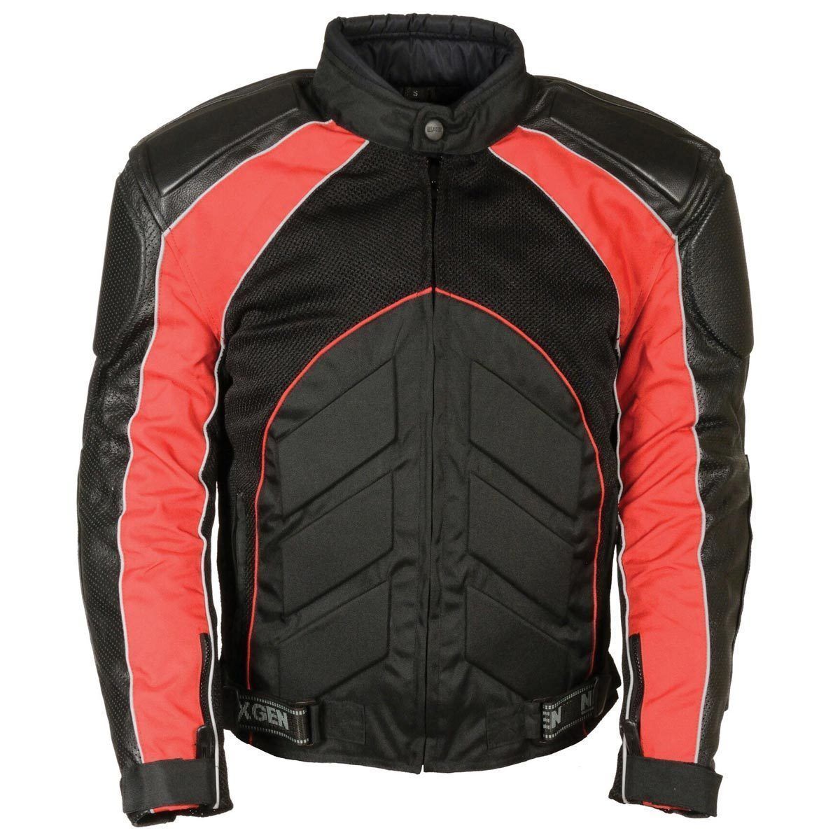 Milwaukee Leather men's black and red armored moto jacket with leather, textile, and mesh panels, designed for riding protection.