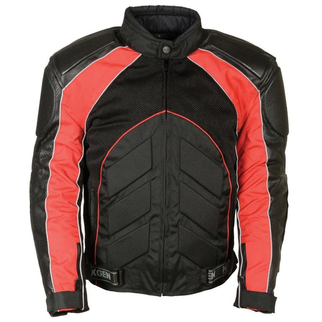 Milwaukee Leather men's black and red armored moto jacket with leather, textile, and mesh panels, designed for riding protection.