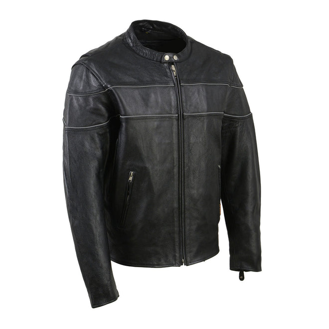 Women's black leather vented jacket with reflective piping by Hot Leathers, featuring a stylish fit and detailed stitching.