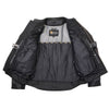 Women’s black motorcycle jacket by HighwayLeather with matte finish, premium leather, protective CE armor, racing style, front view.