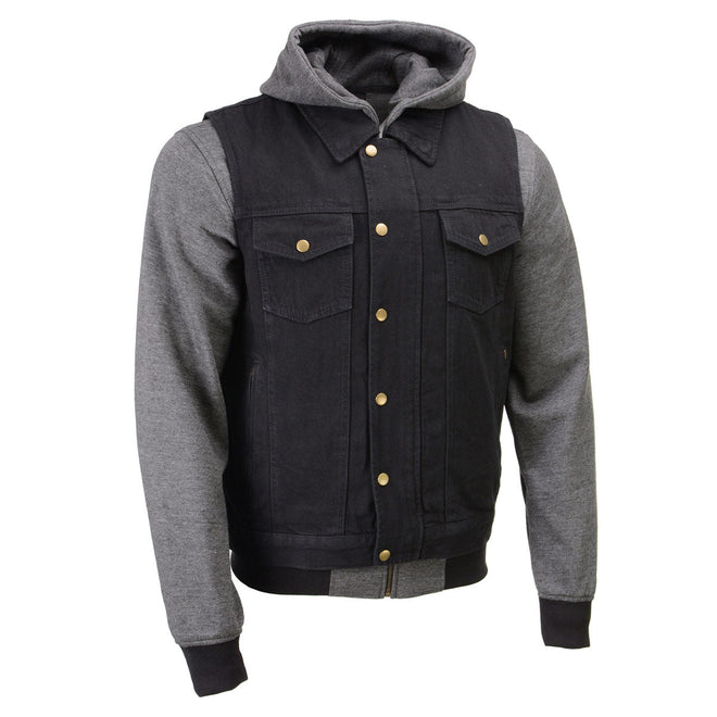 Black denim men's motorcycle vest with removable hoodie by HighwayLeather, featuring a club style design and multiple pockets.